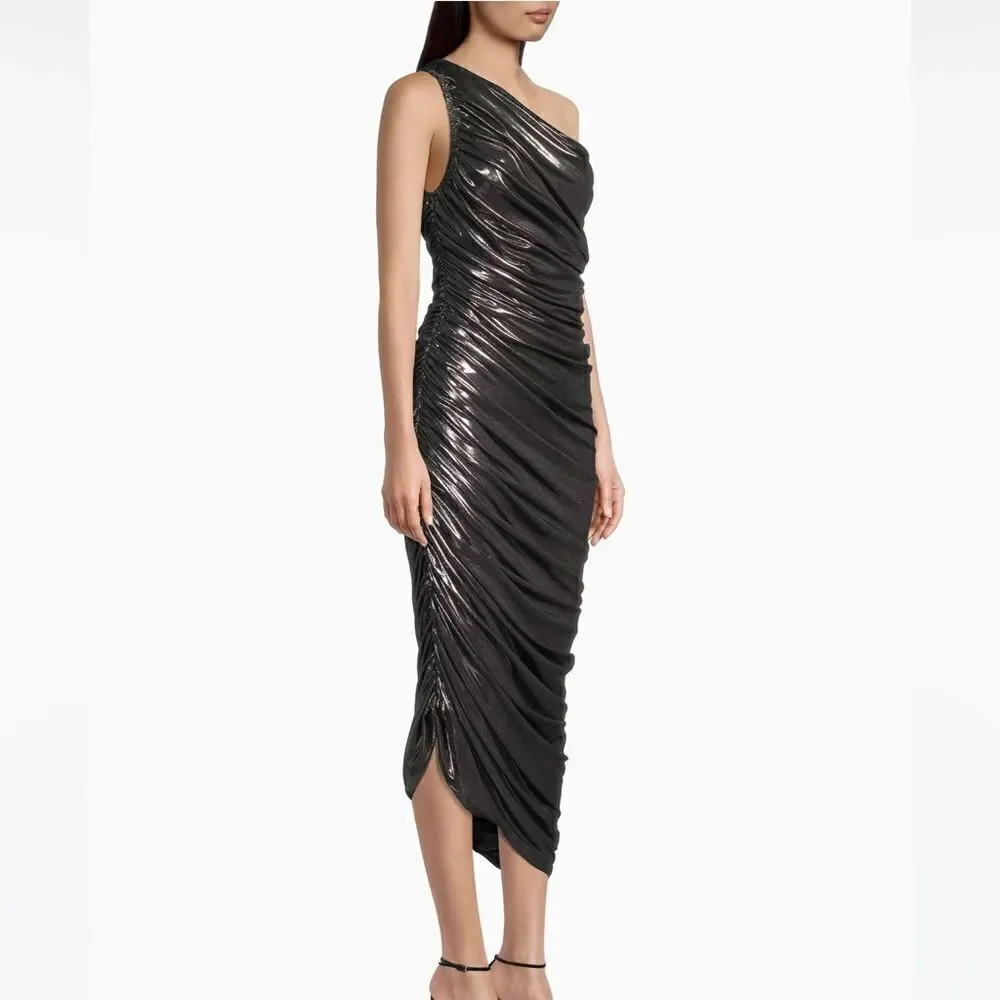 NWT Norma Kamali Diana Metallic Ruched One-Shoulder Gown Small